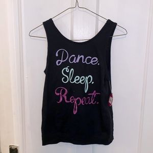 black “Dance. Sleep. Repeat.” girls tank top